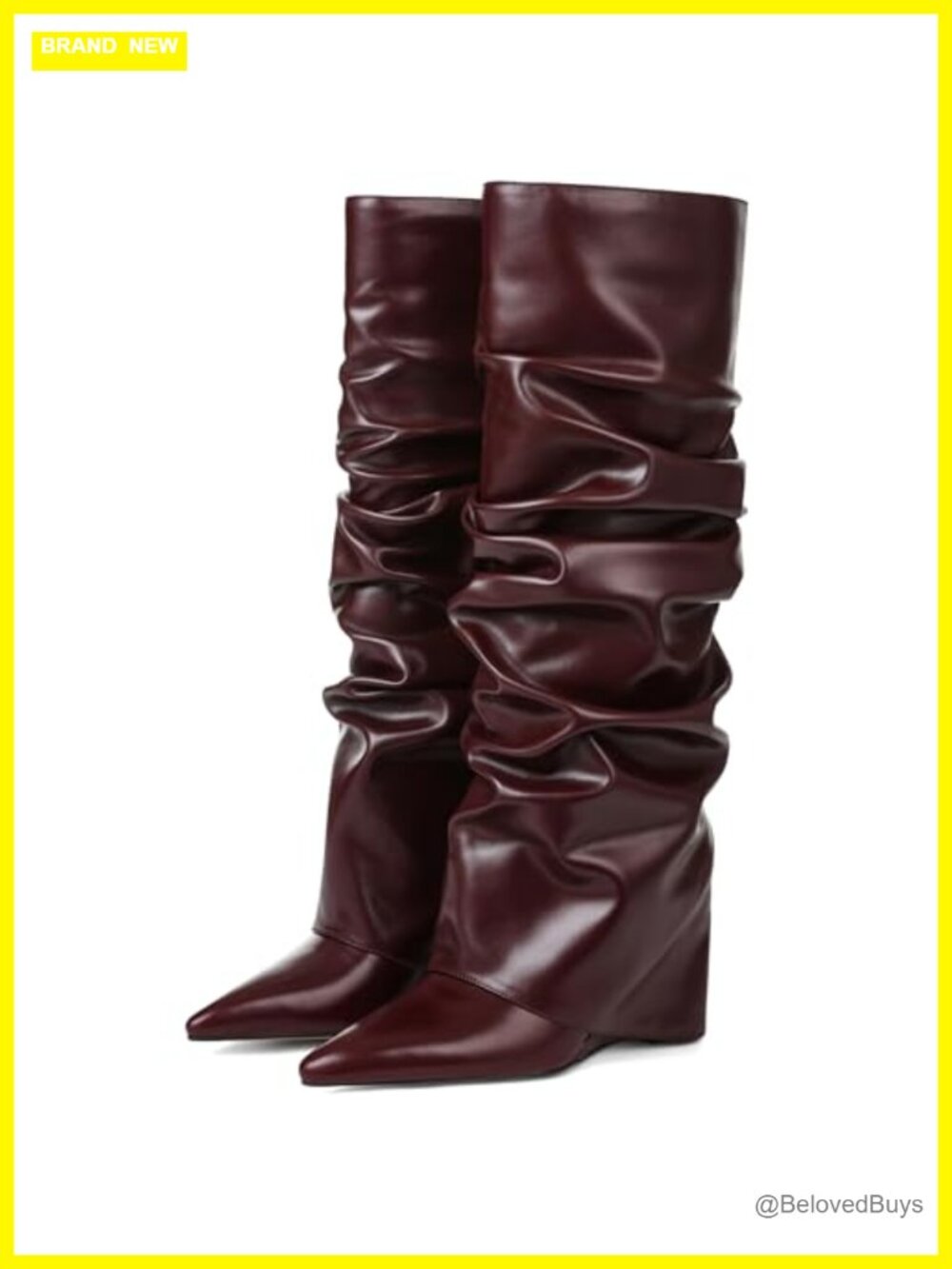 Fold Over Slouch Wide Calf Knee High Boots Pointed Toe Wedge Faux Leather